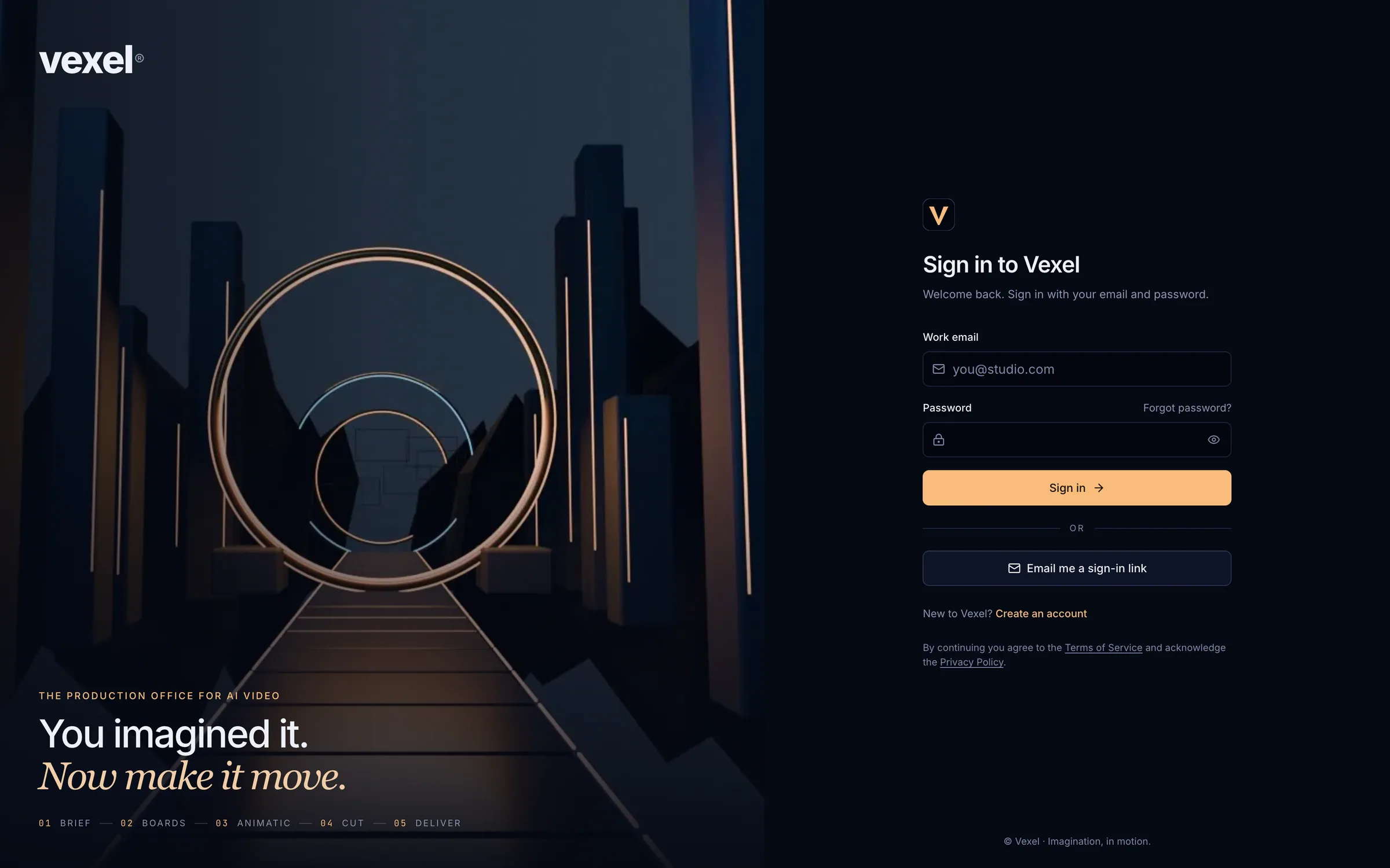The Vexel sign-in page with email and password fields