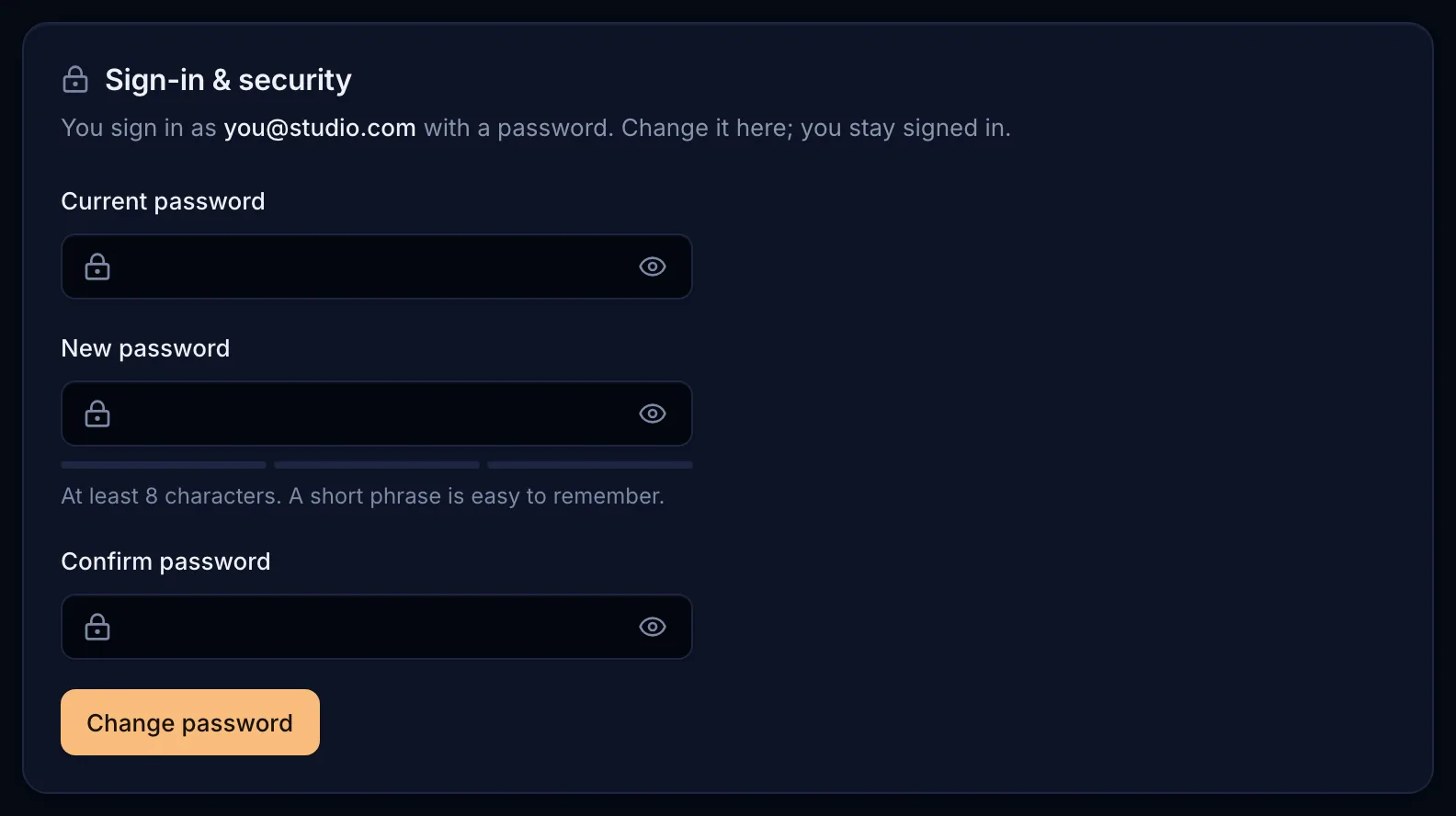 The Sign-in and security card in Settings with password fields