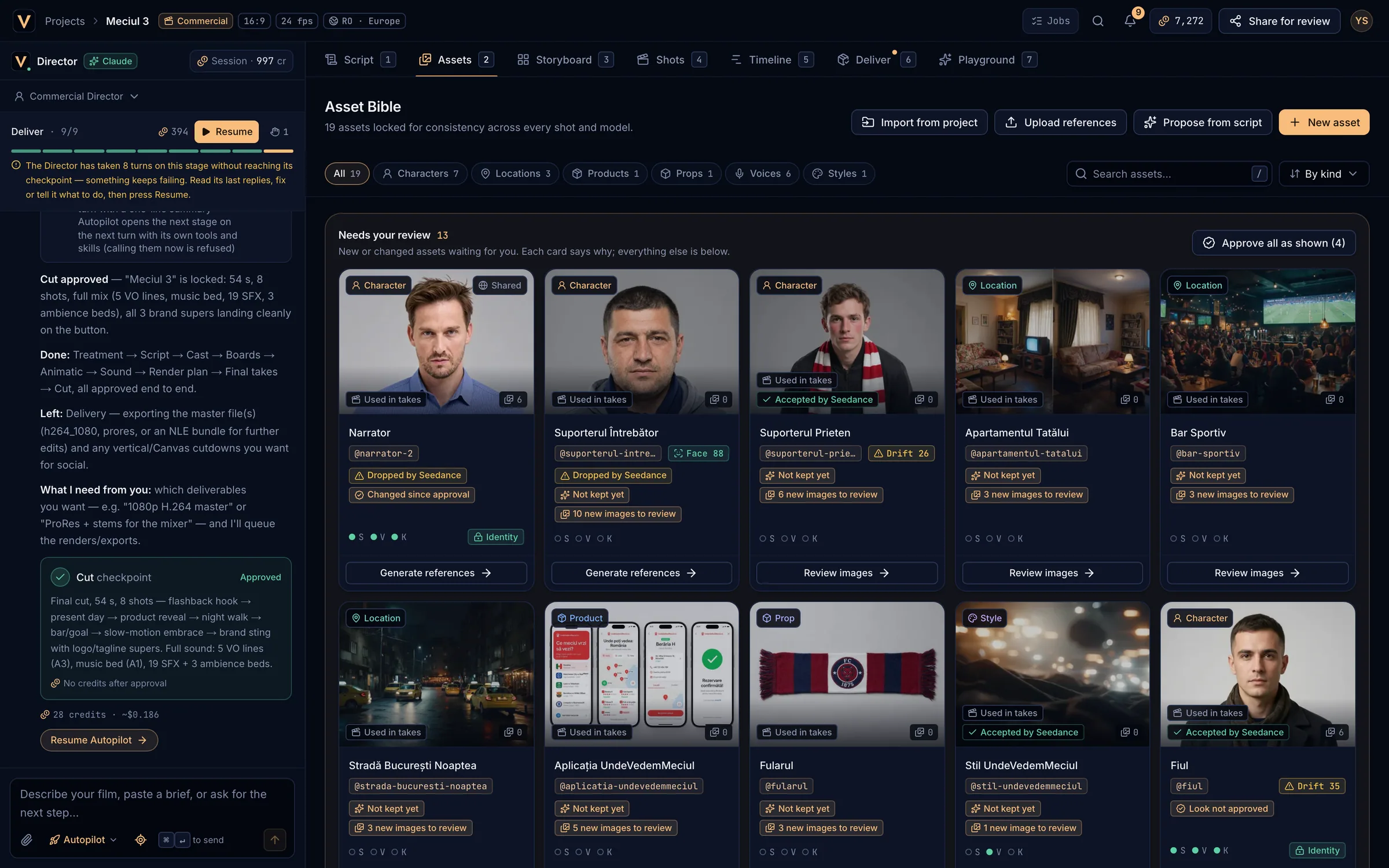 The Asset Bible with filters, the Needs your review section and asset cards