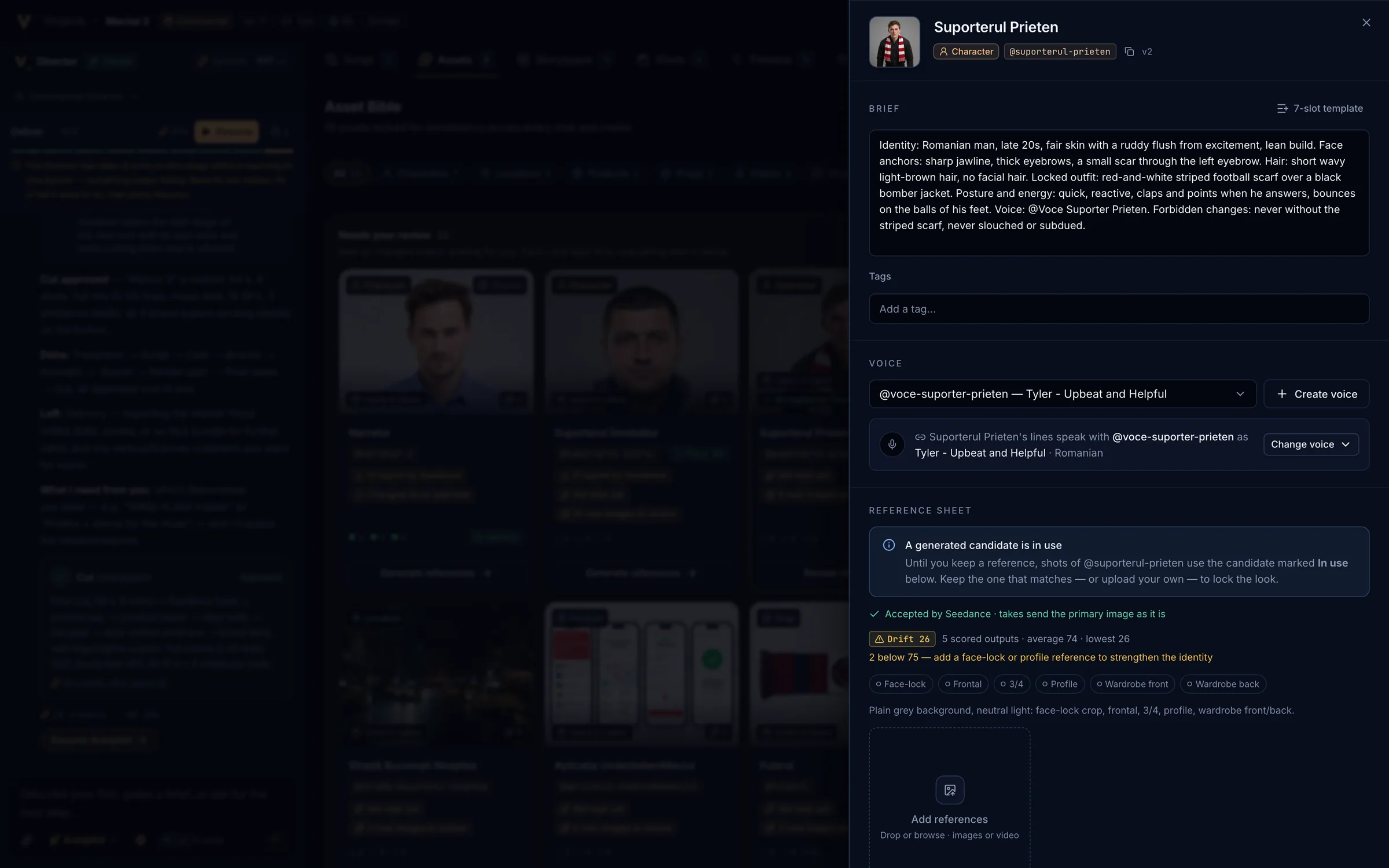 An asset detail sheet with the brief, reference sheet and generated references