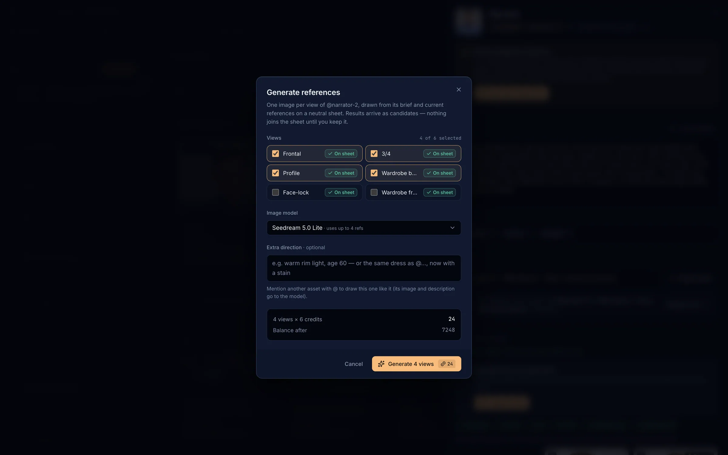The Generate references dialog with views, model and quote