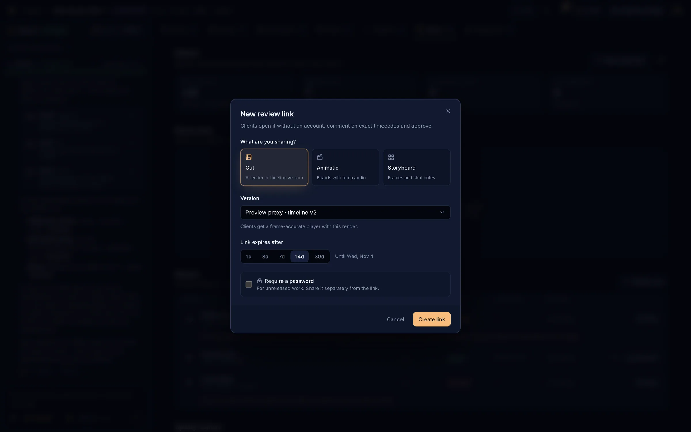The New review link dialog with what to share, version, expiry and password