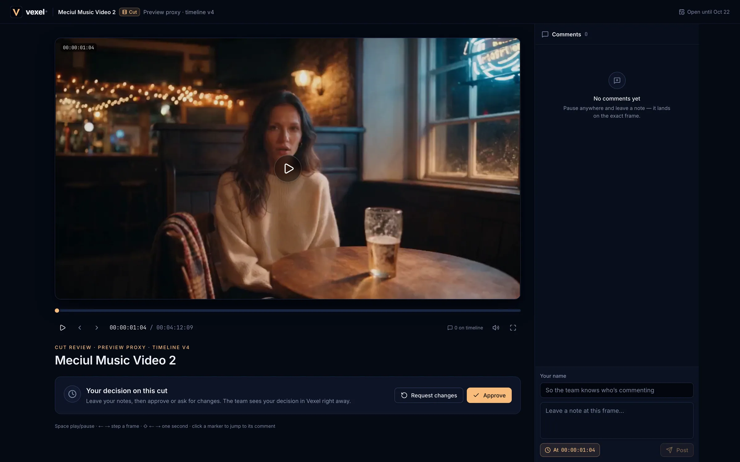 The public review page with the player, comments and the Approve button