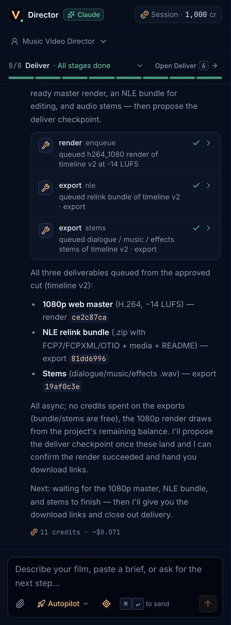 The Director pane with its header, stage strip, a reply with tool calls and the message box