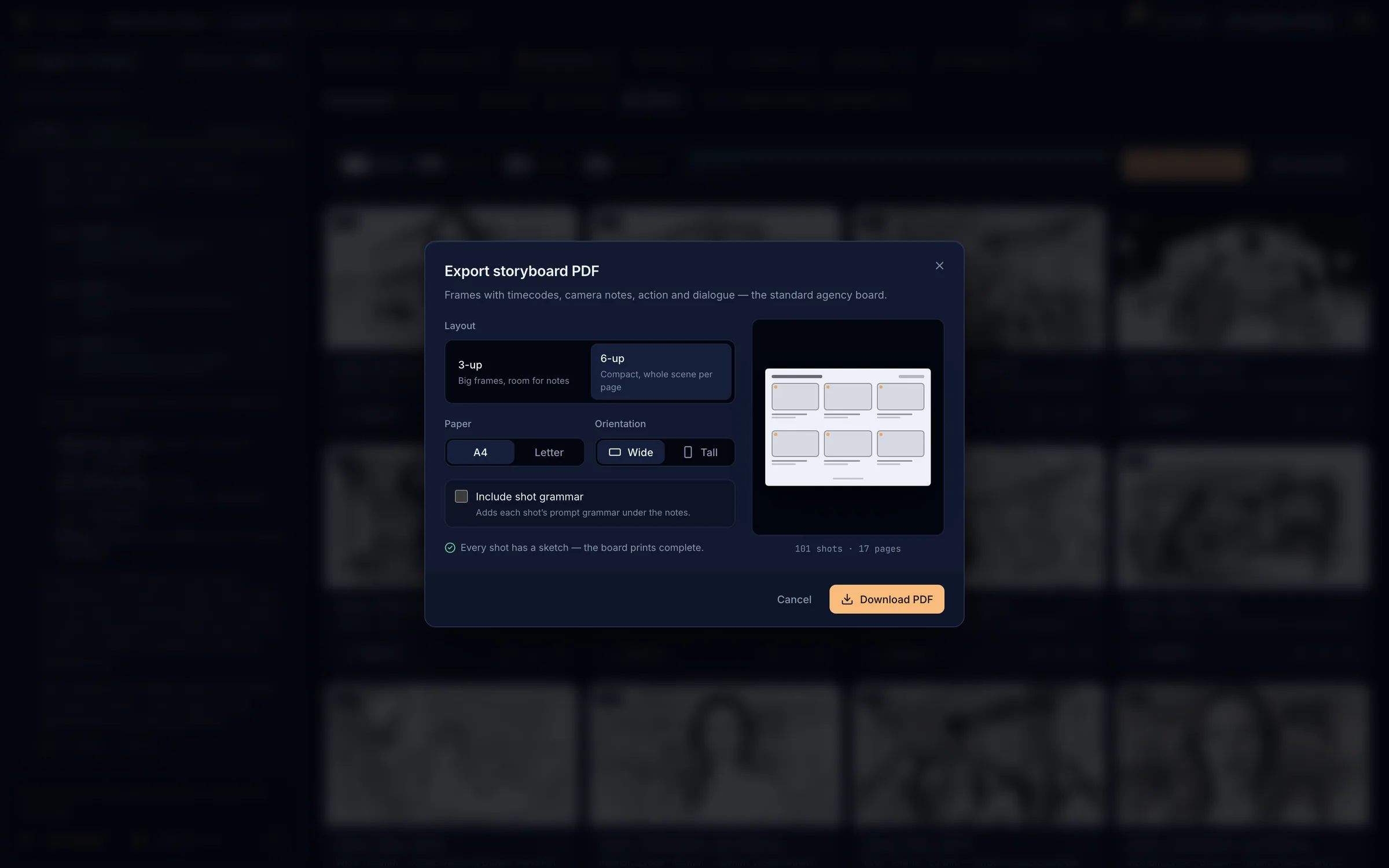 The Export storyboard PDF dialog with layout options and a page preview