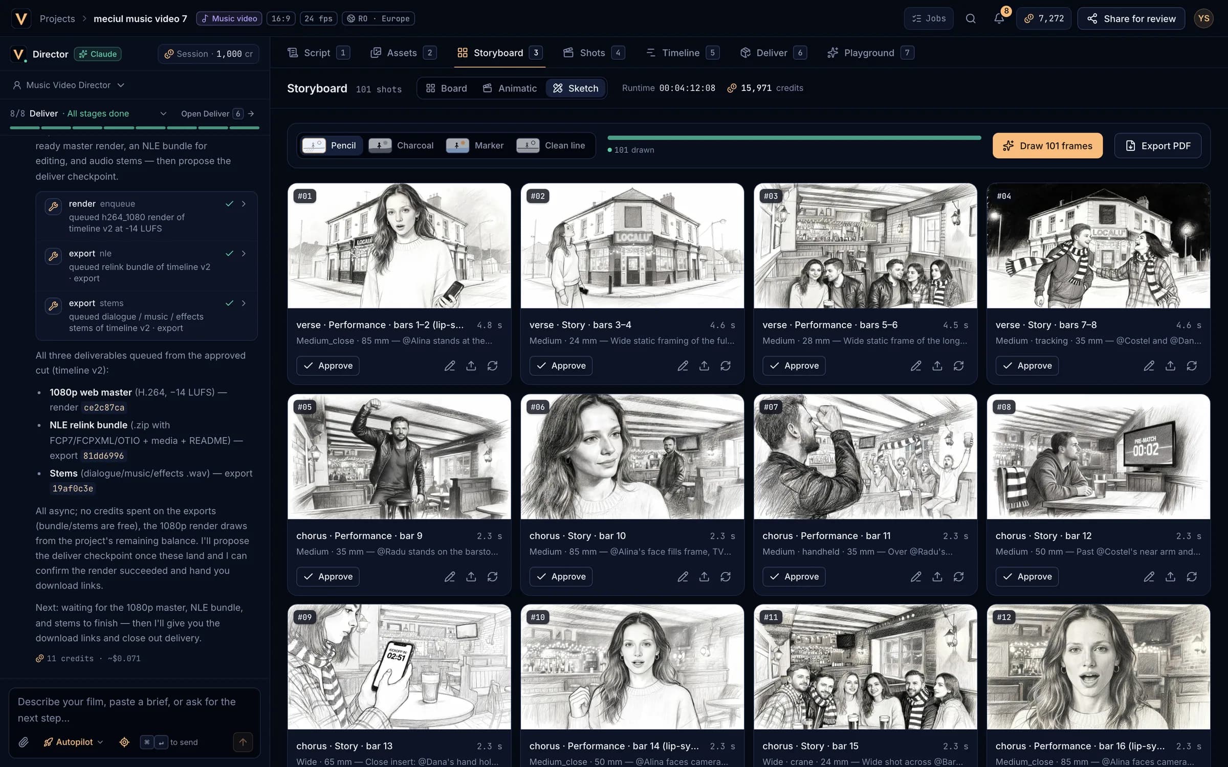 Sketch mode with pencil drawings for every shot
