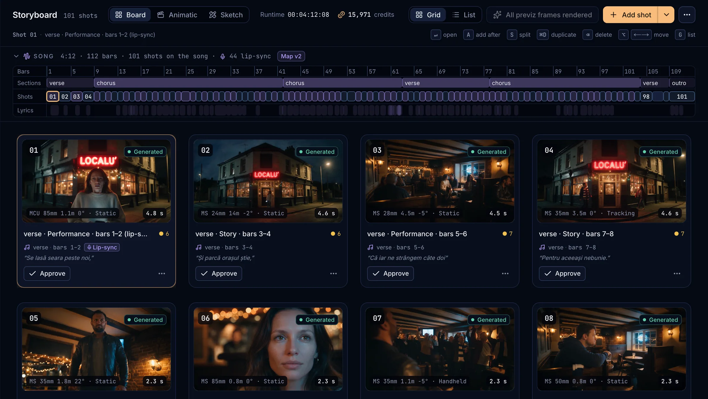 The storyboard of a music video with the song strip and lip-sync cards