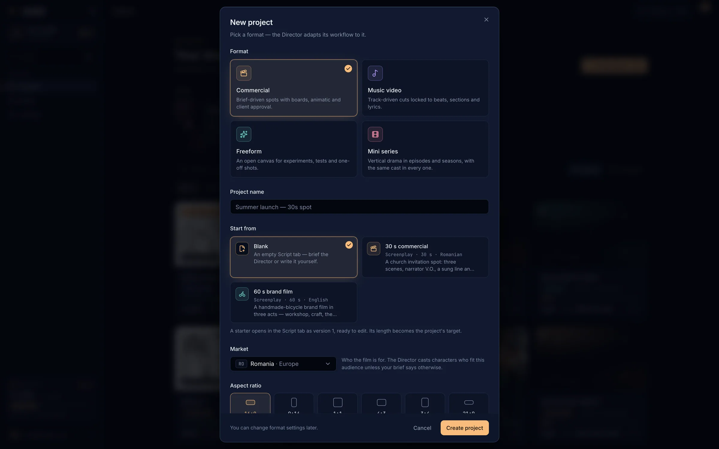 The New project dialog with the four formats, the project name and the starters