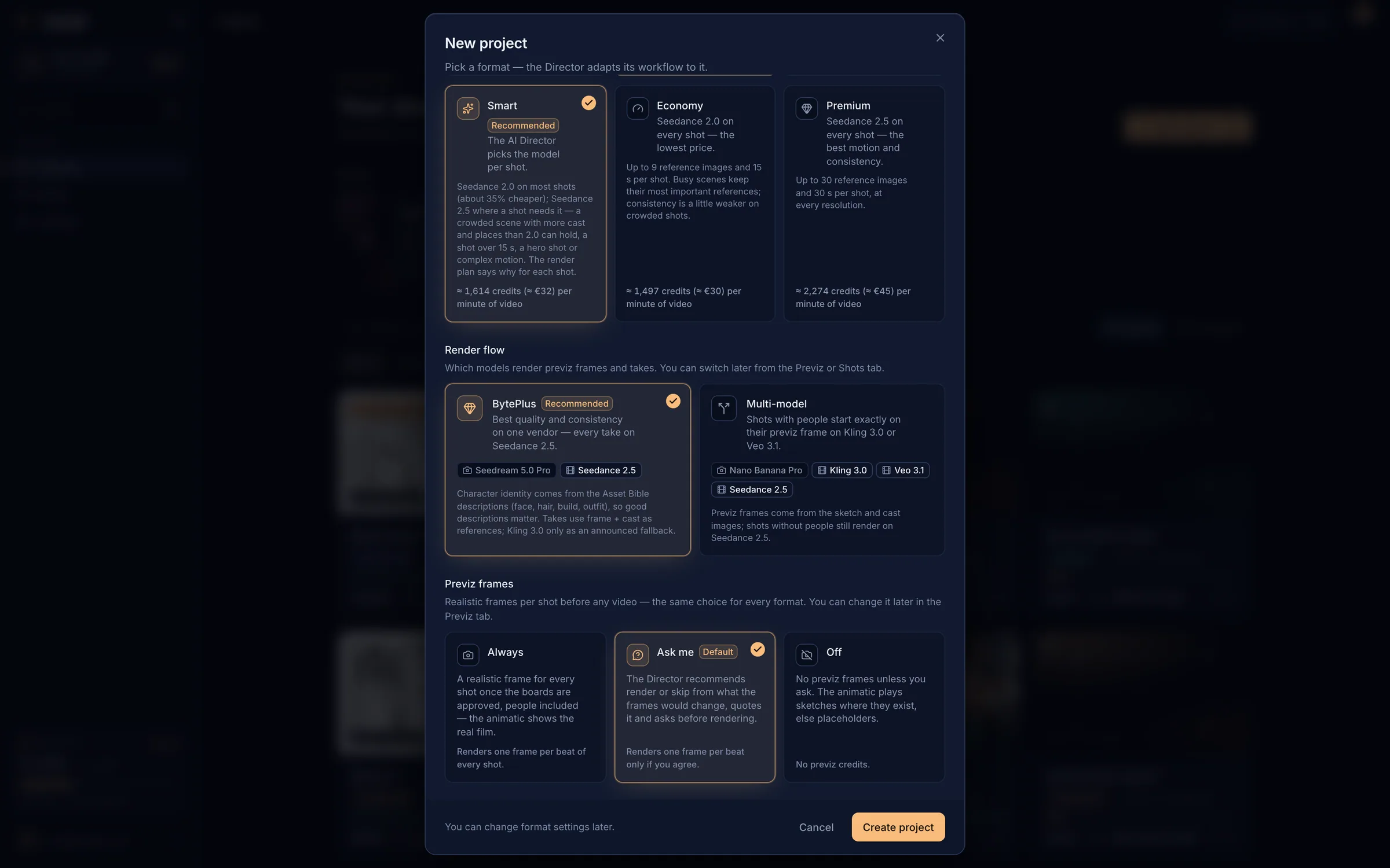 Render quality, render flow and previz settings in the New project dialog