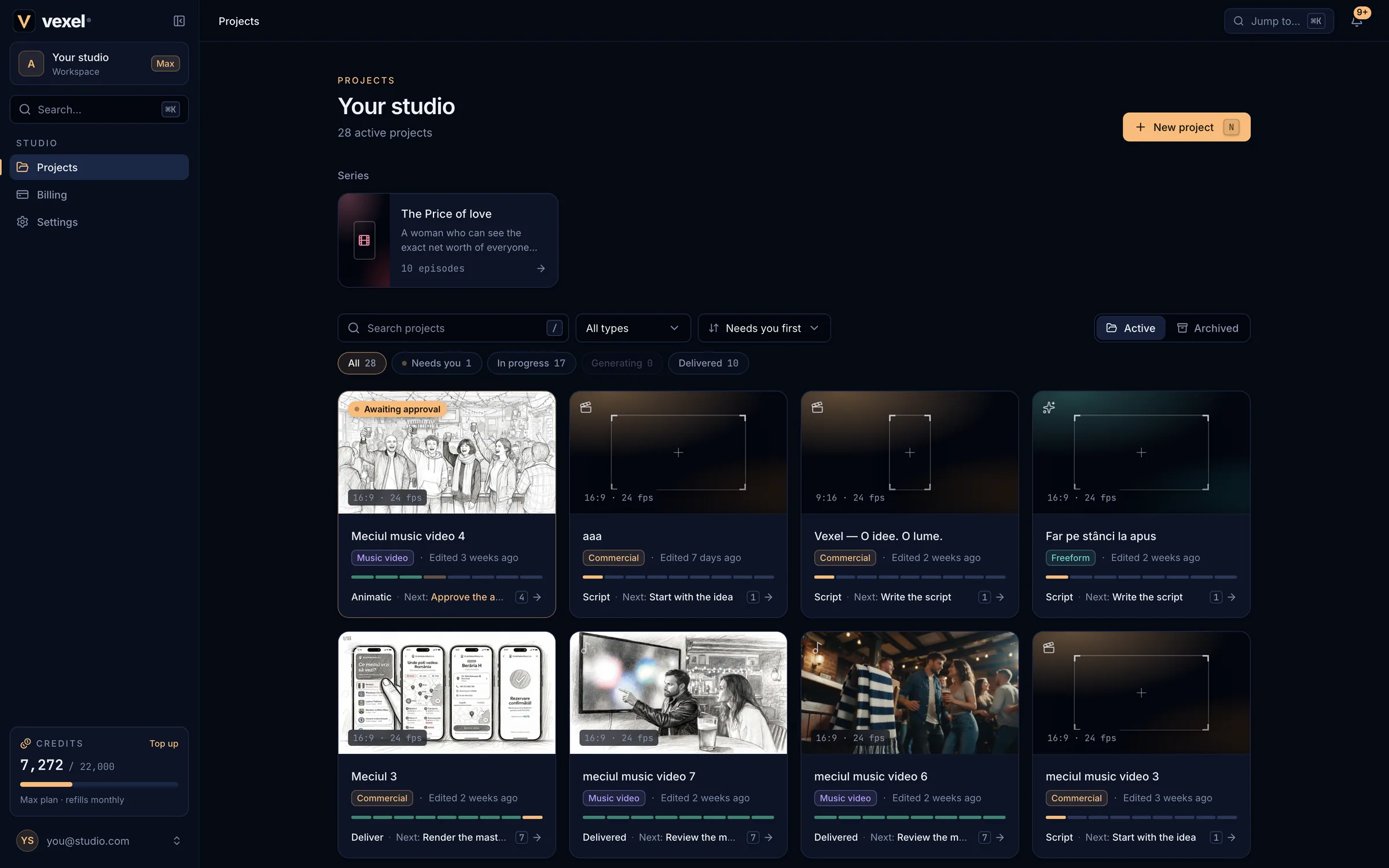 The Projects dashboard with the sidebar, series row, filters and project cards