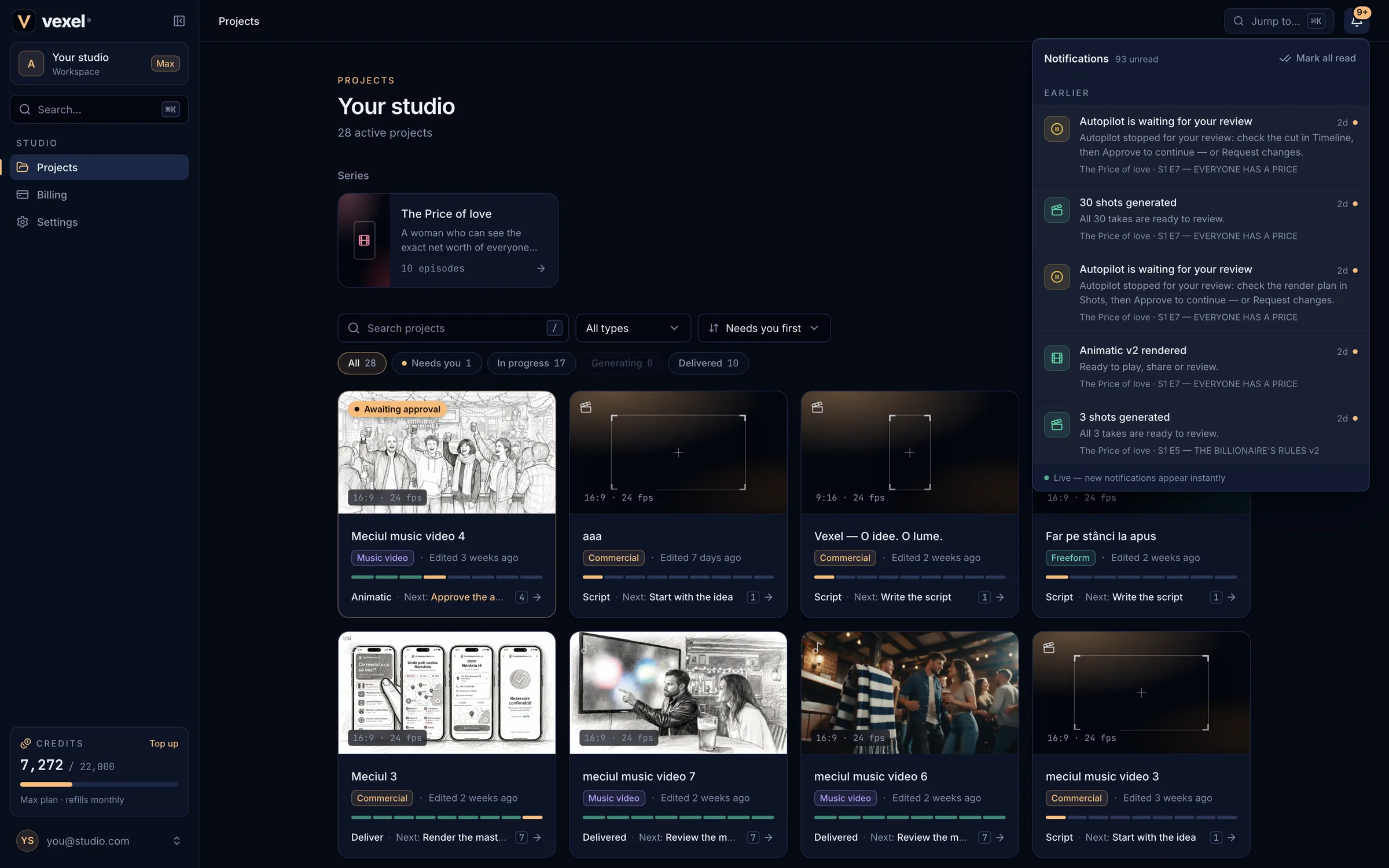 The notifications panel listing finished renders and generated shots