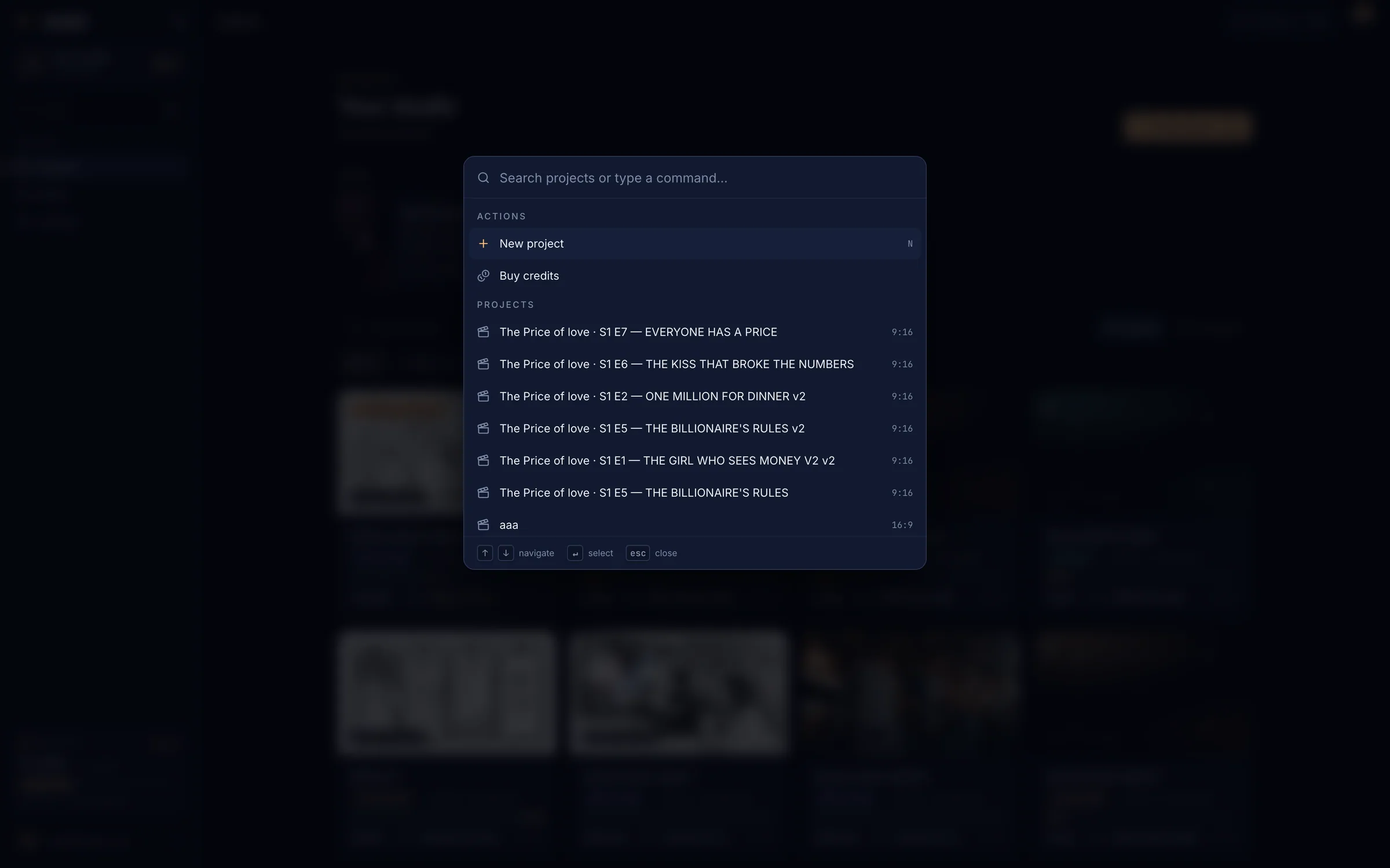 The command palette listing actions, projects and navigation