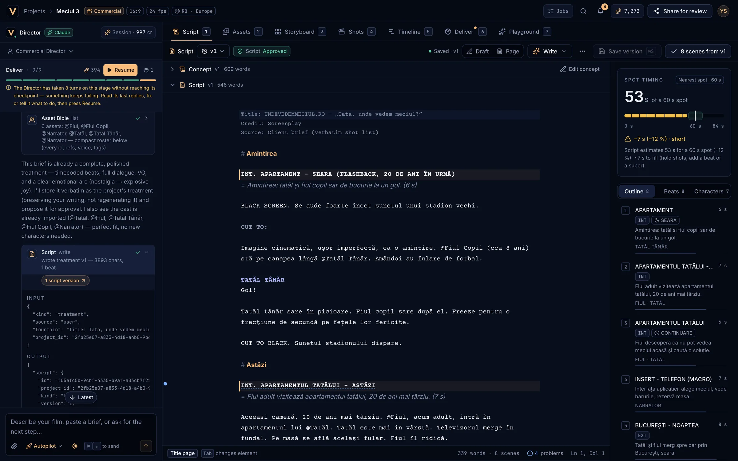 The script history menu listing versions with their source