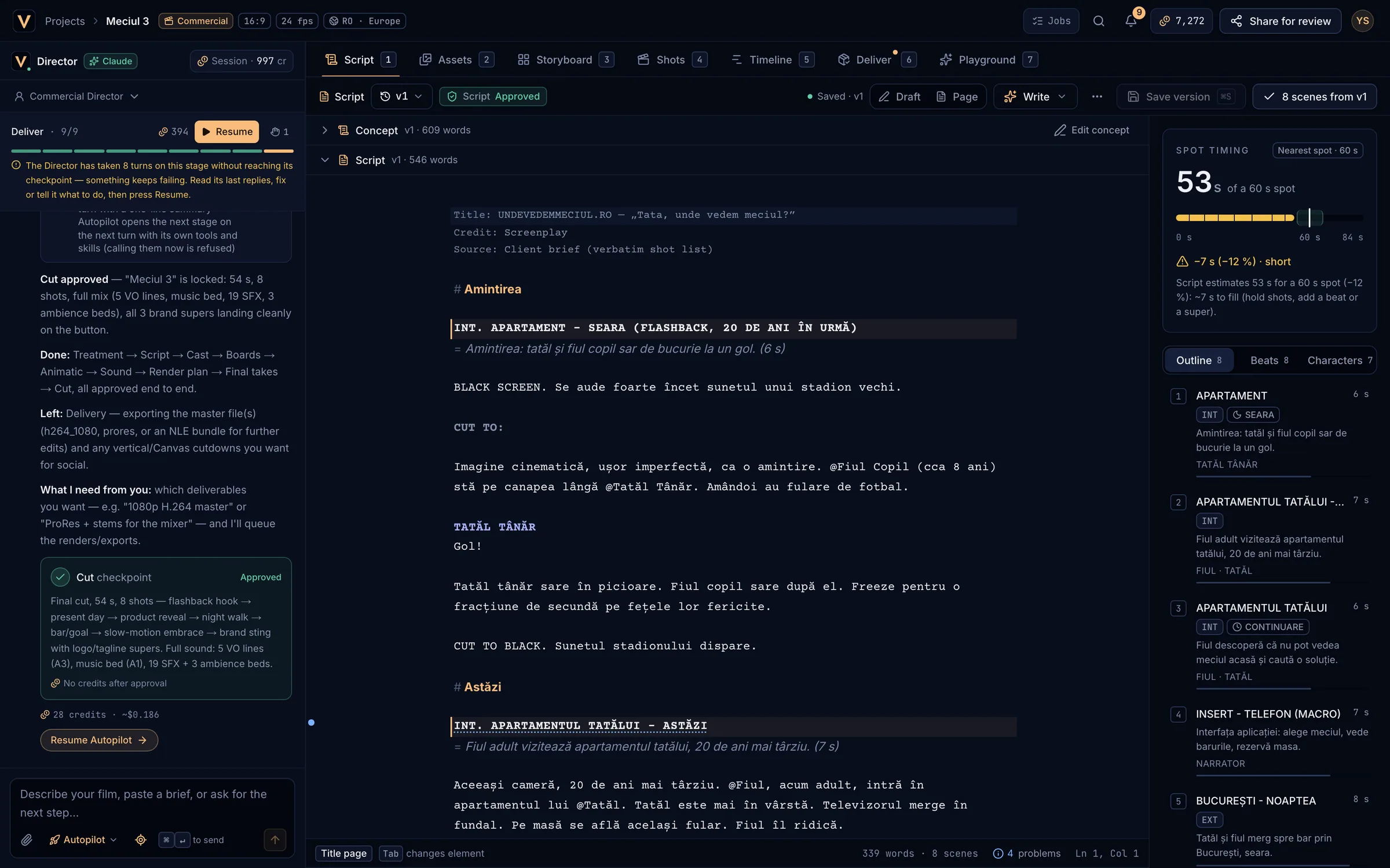 The Script tab of a commercial with the toolbar, the screenplay and the timing rail