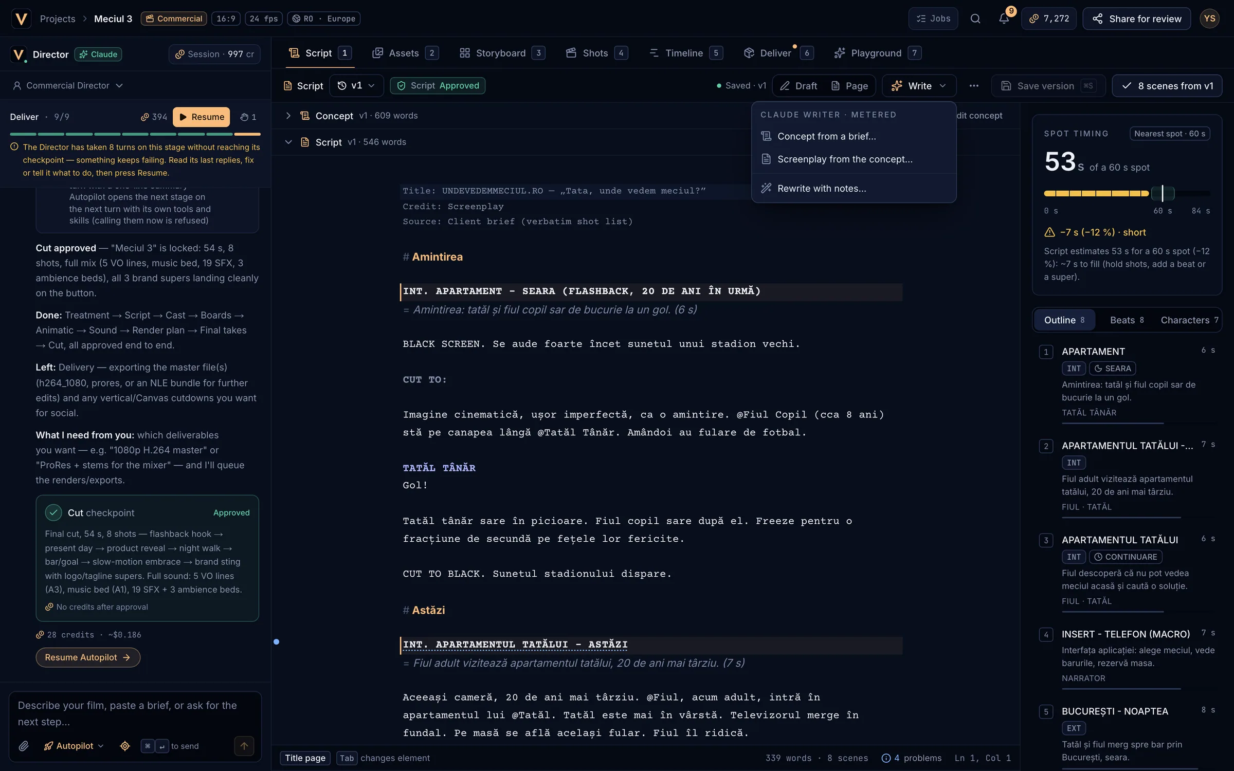 The Write menu with concept, screenplay and rewrite options