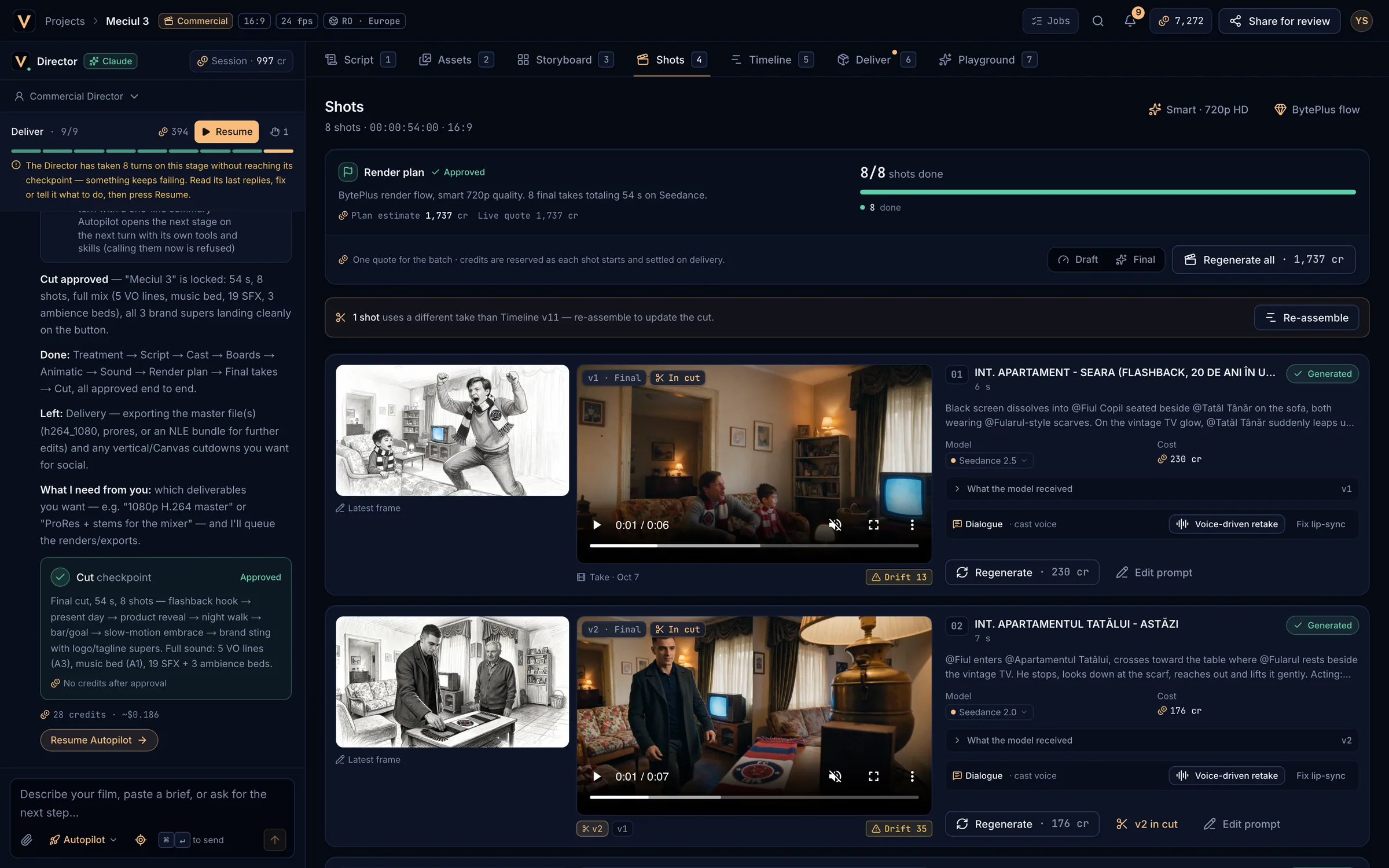 The Shots tab with the render plan card and shot rows with takes