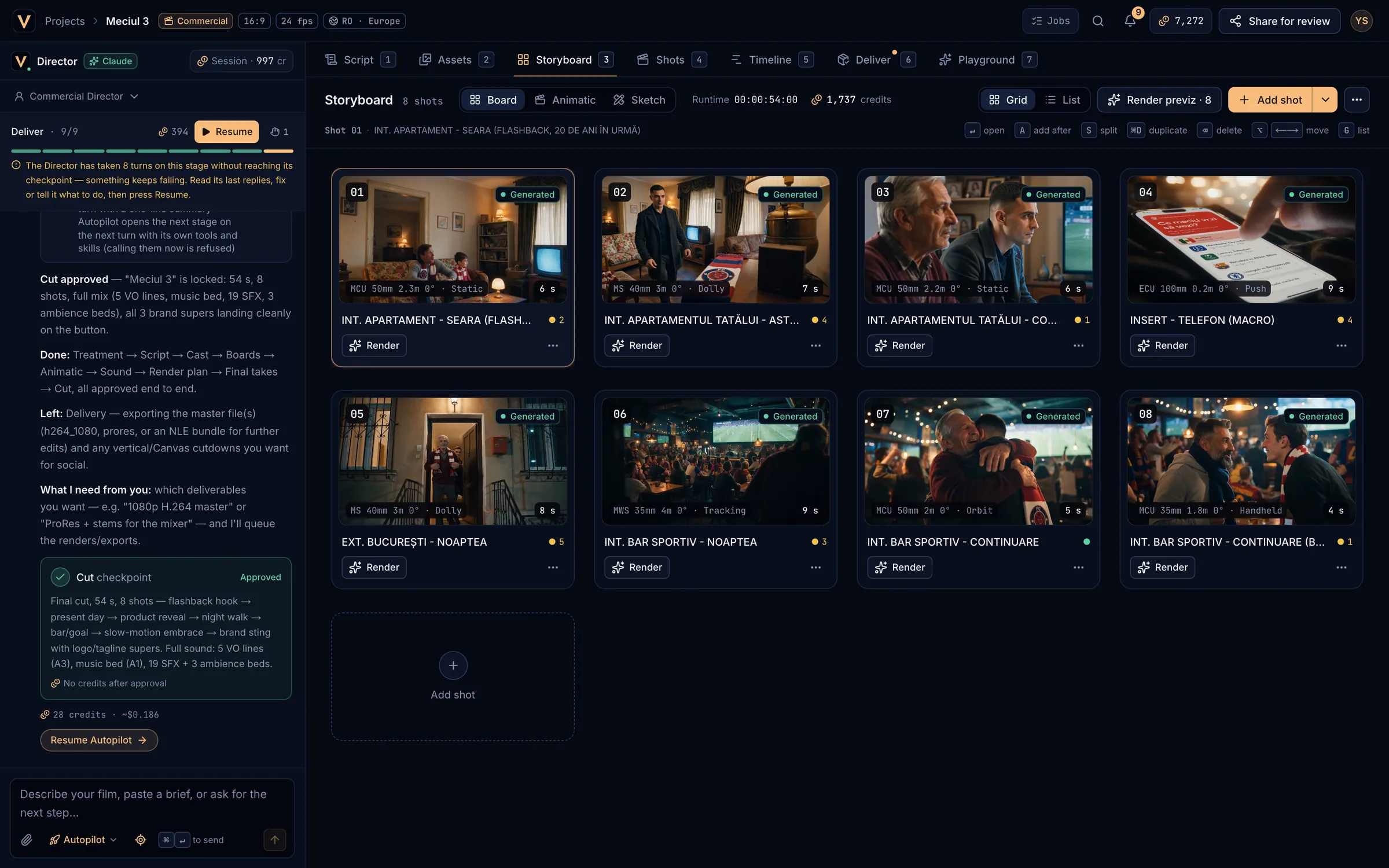 The Storyboard in Board mode with shot cards in a grid