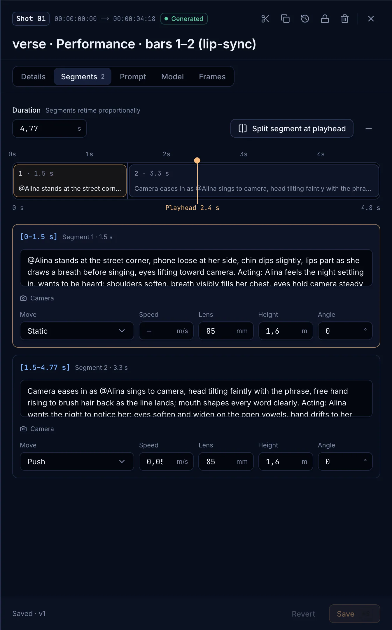The shot editor drawer on the Segments tab with timed segments and camera fields