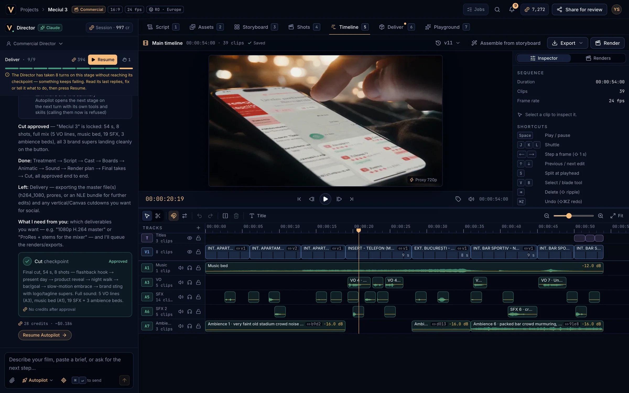 The Timeline with the viewer, inspector and tracks of a finished commercial