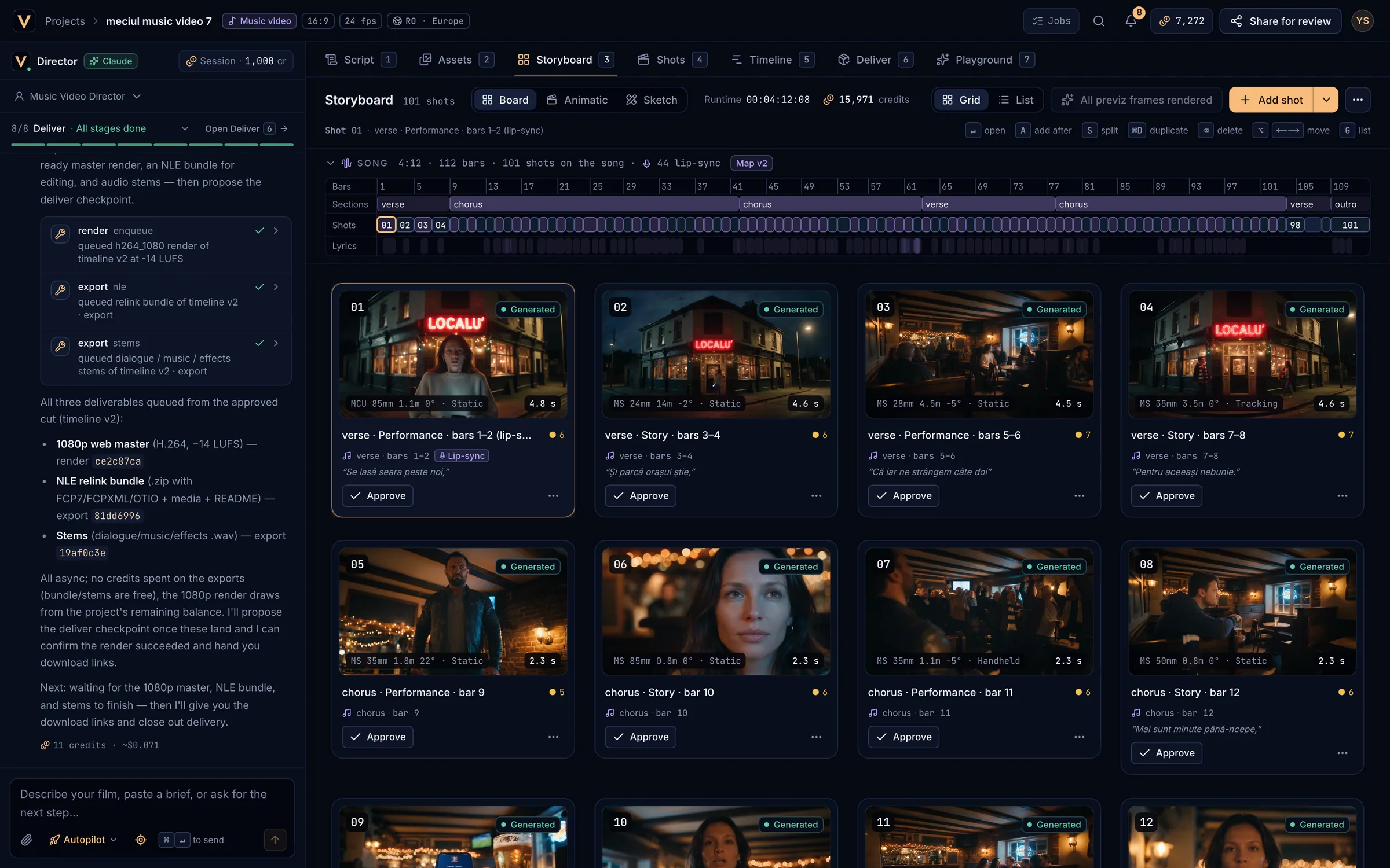 A music video project in Vexel: the Director on the left, the storyboard on the right