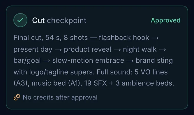 An approved Cut checkpoint card in the Director pane
