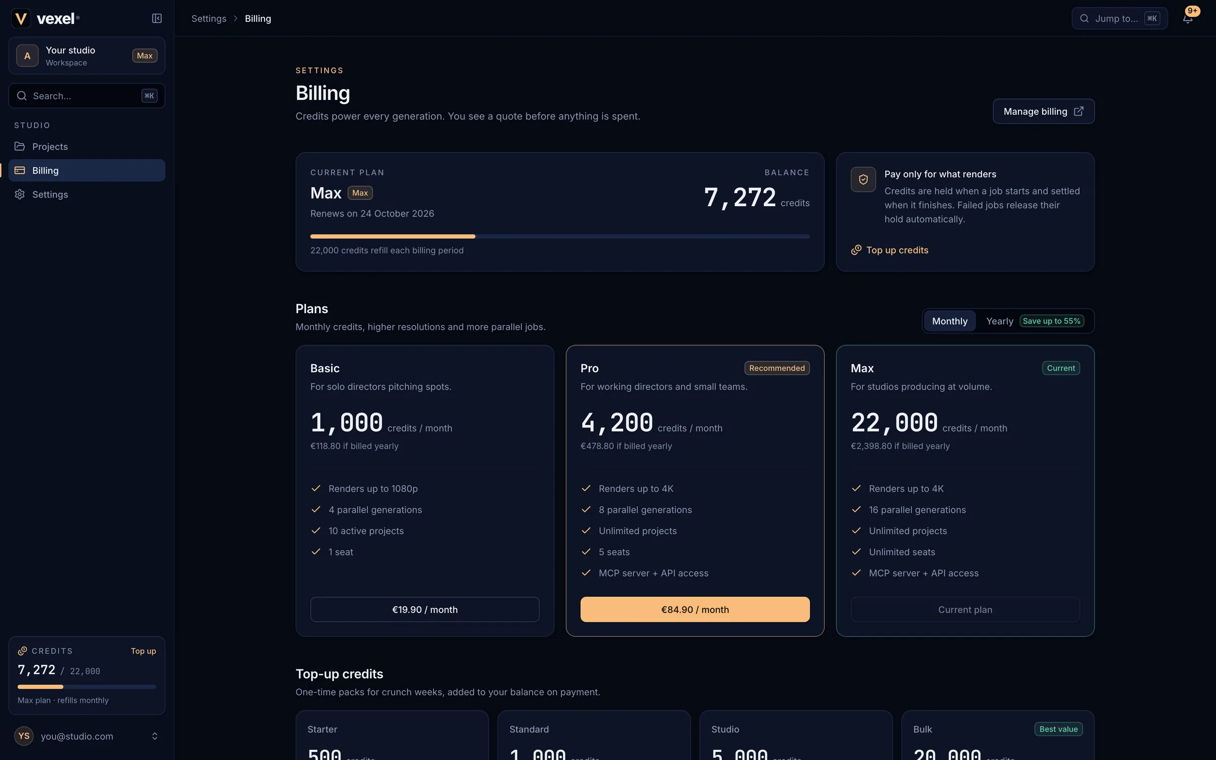 The Billing page with the current plan, balance and plans