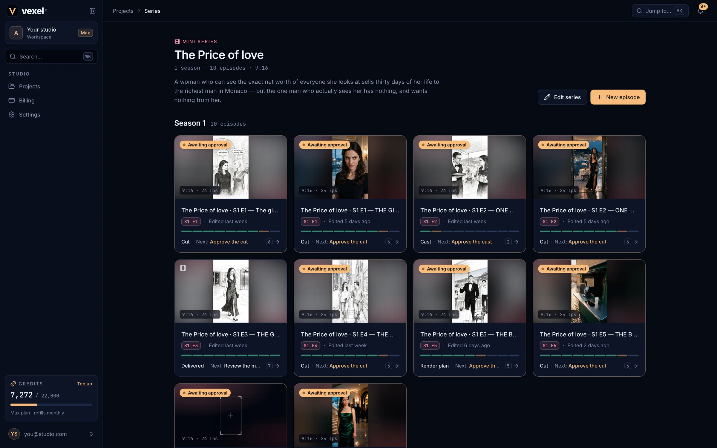 A series page with its logline and episode cards grouped by season