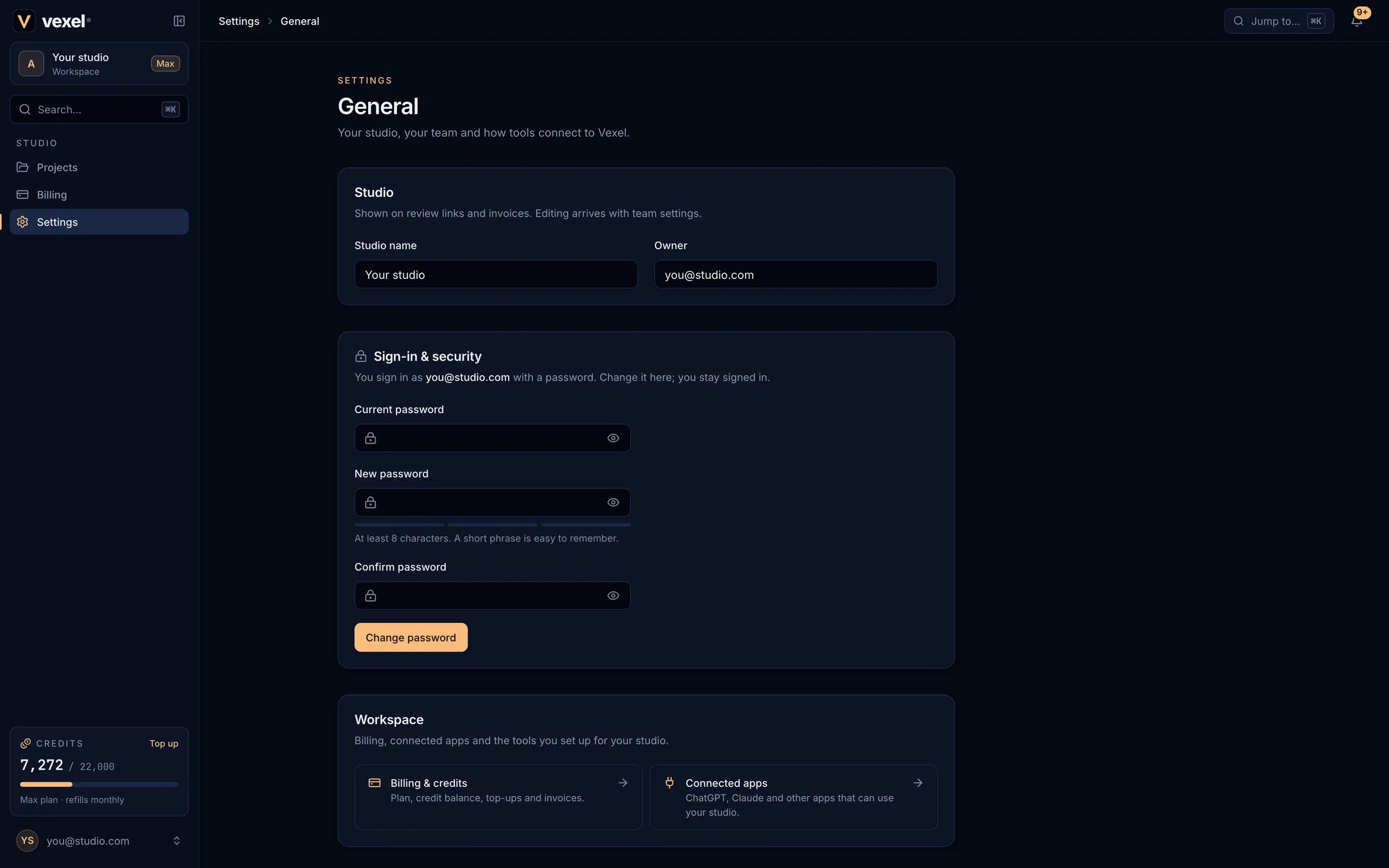 The General settings page with Studio, Sign-in and security, and Workspace cards